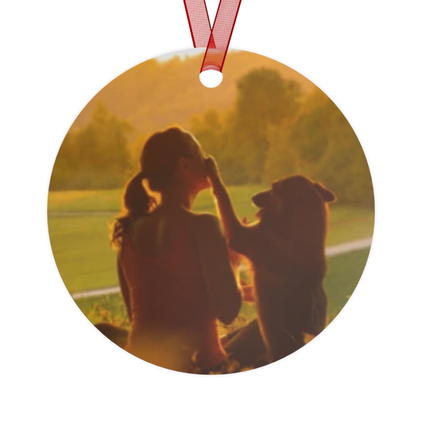 Pet Memory Metal Ornament — Silhouette Dog & Owner Sunset Keepsake