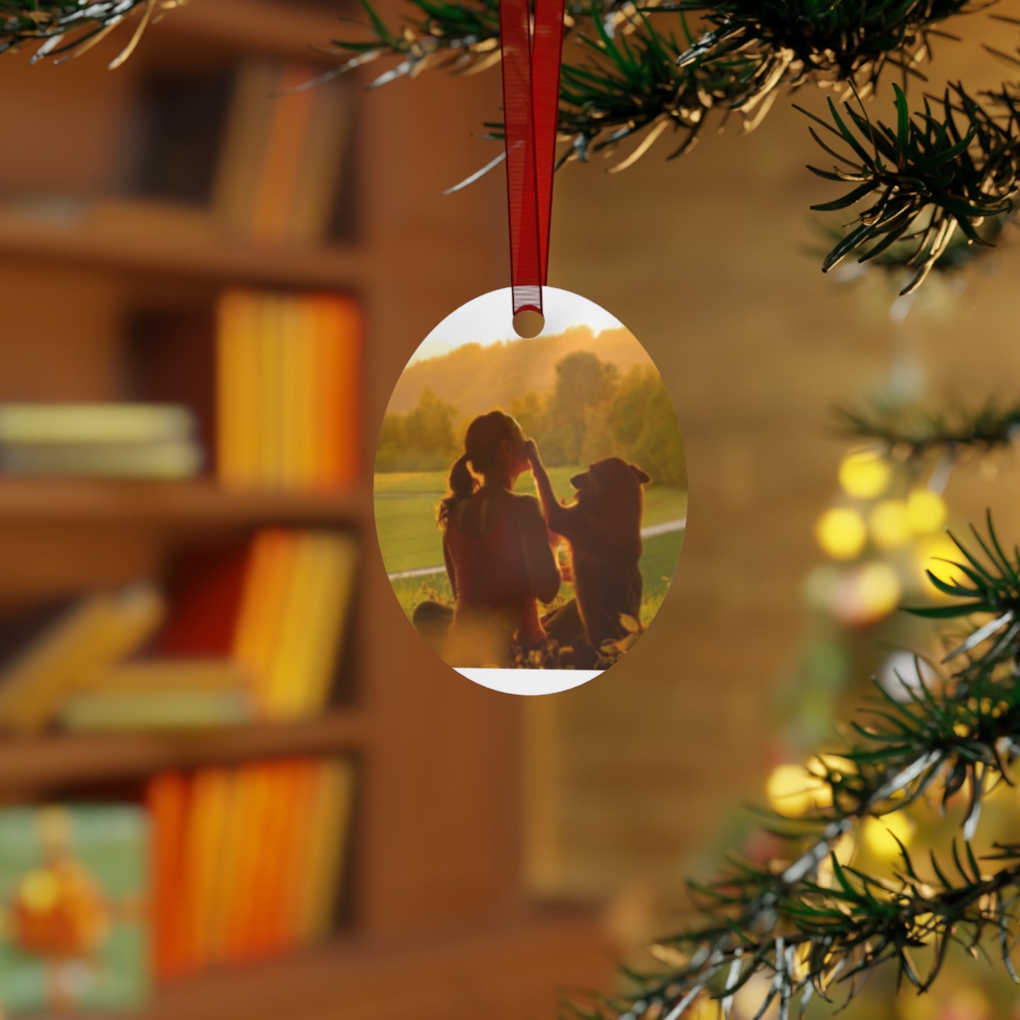 Pet Memory Metal Ornament — Silhouette Dog & Owner Sunset Keepsake