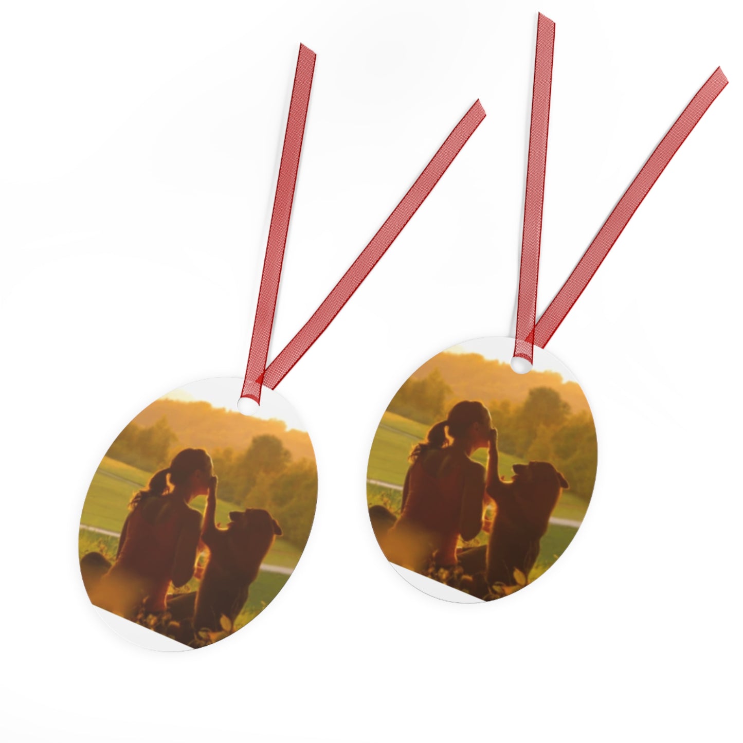 Pet Memory Metal Ornament — Silhouette Dog & Owner Sunset Keepsake