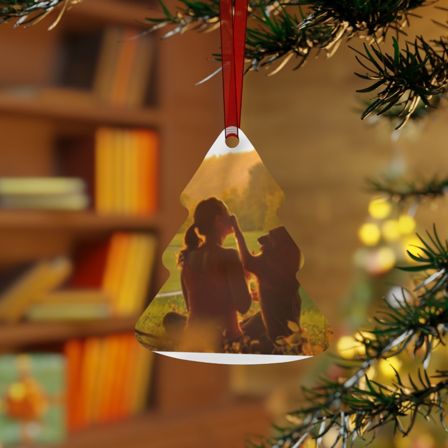 Pet Memory Metal Ornament — Silhouette Dog & Owner Sunset Keepsake