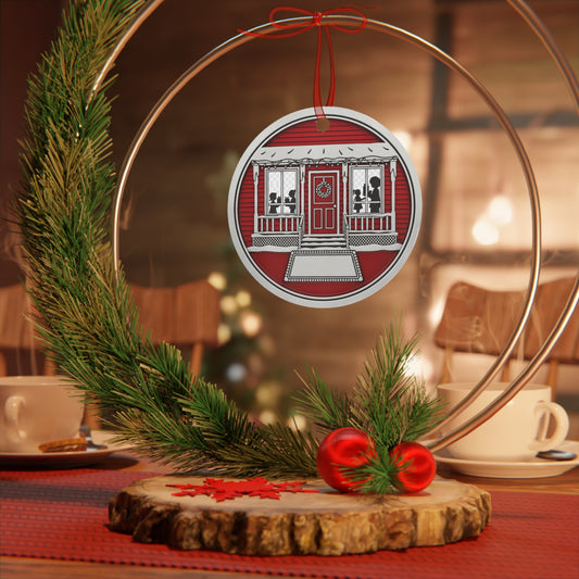 Front Porch Family Silhouette Metal Ornament — Cozy Red Holiday Home Decoration