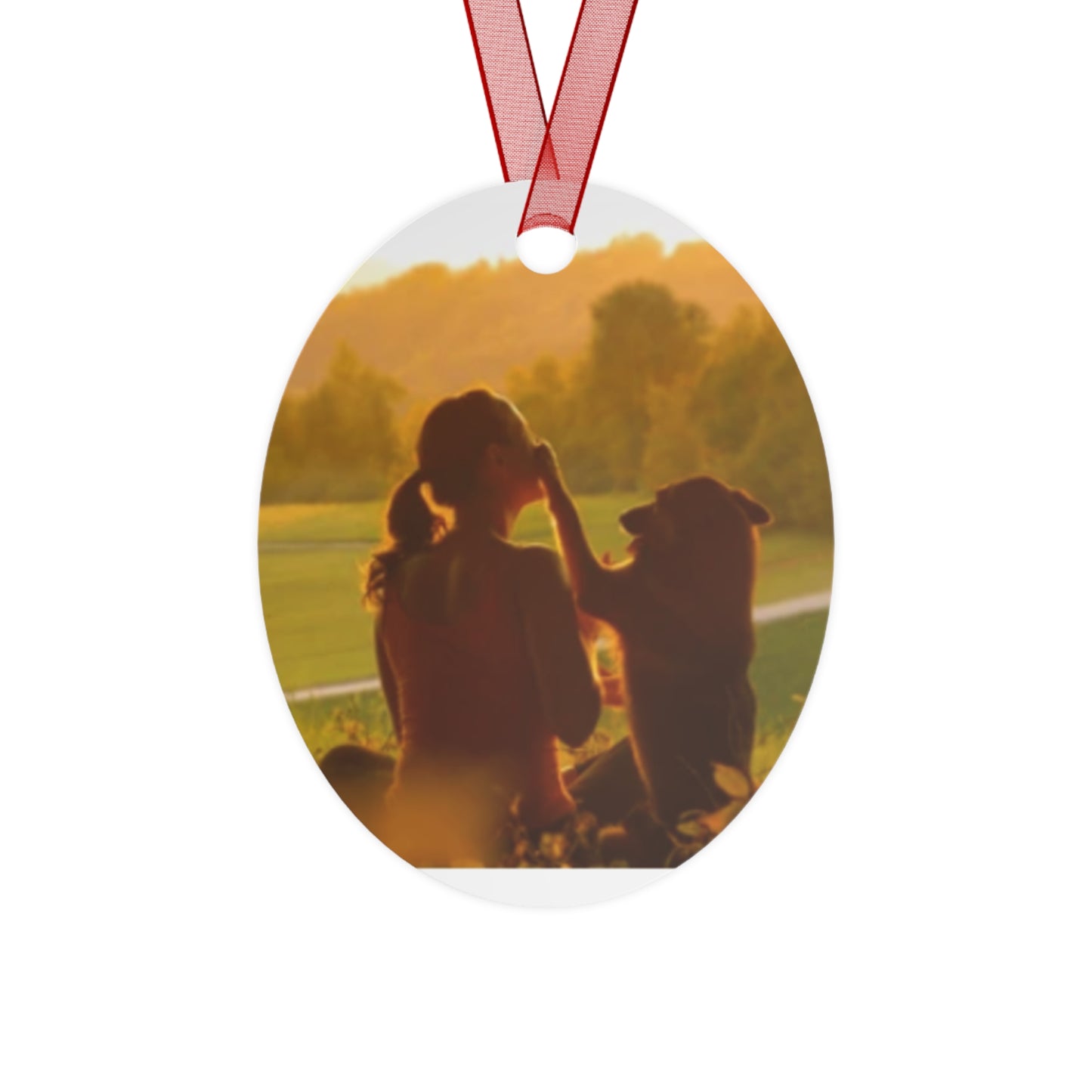 Pet Memory Metal Ornament — Silhouette Dog & Owner Sunset Keepsake