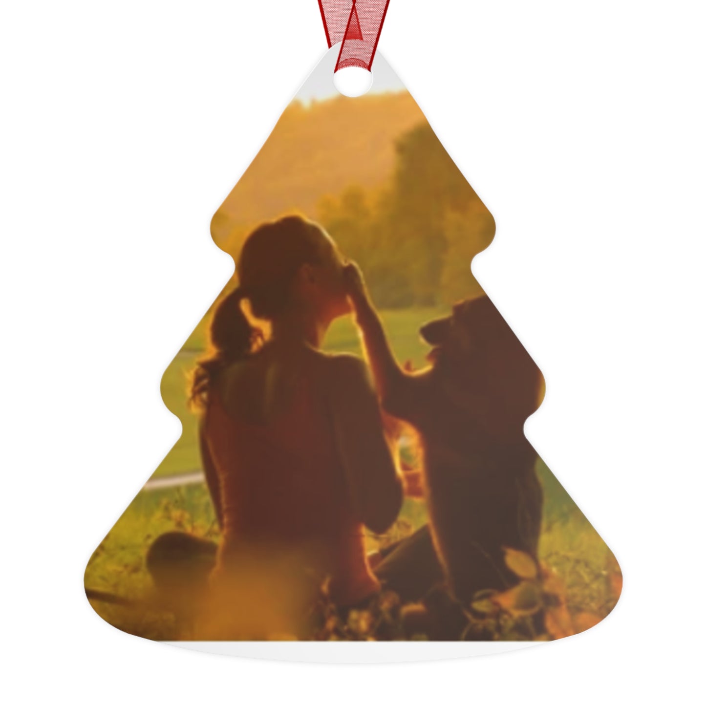 Pet Memory Metal Ornament — Silhouette Dog & Owner Sunset Keepsake