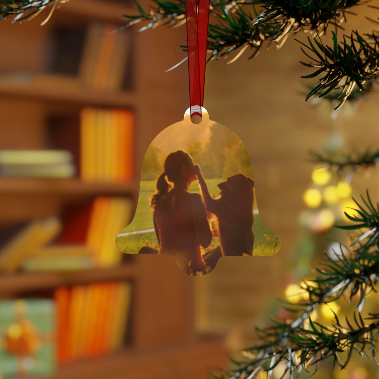 Pet Memory Metal Ornament — Silhouette Dog & Owner Sunset Keepsake