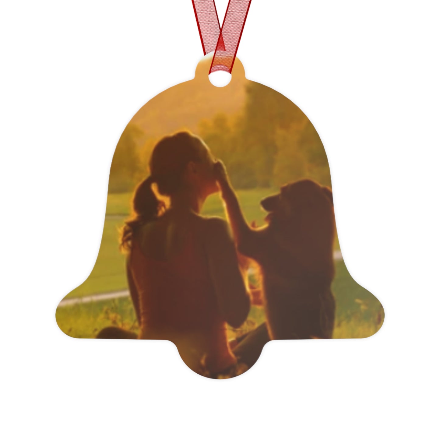 Pet Memory Metal Ornament — Silhouette Dog & Owner Sunset Keepsake