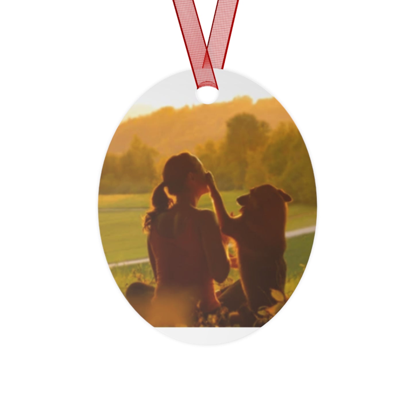 Pet Memory Metal Ornament — Silhouette Dog & Owner Sunset Keepsake