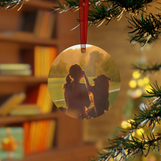 Pet Memory Metal Ornament — Silhouette Dog & Owner Sunset Keepsake