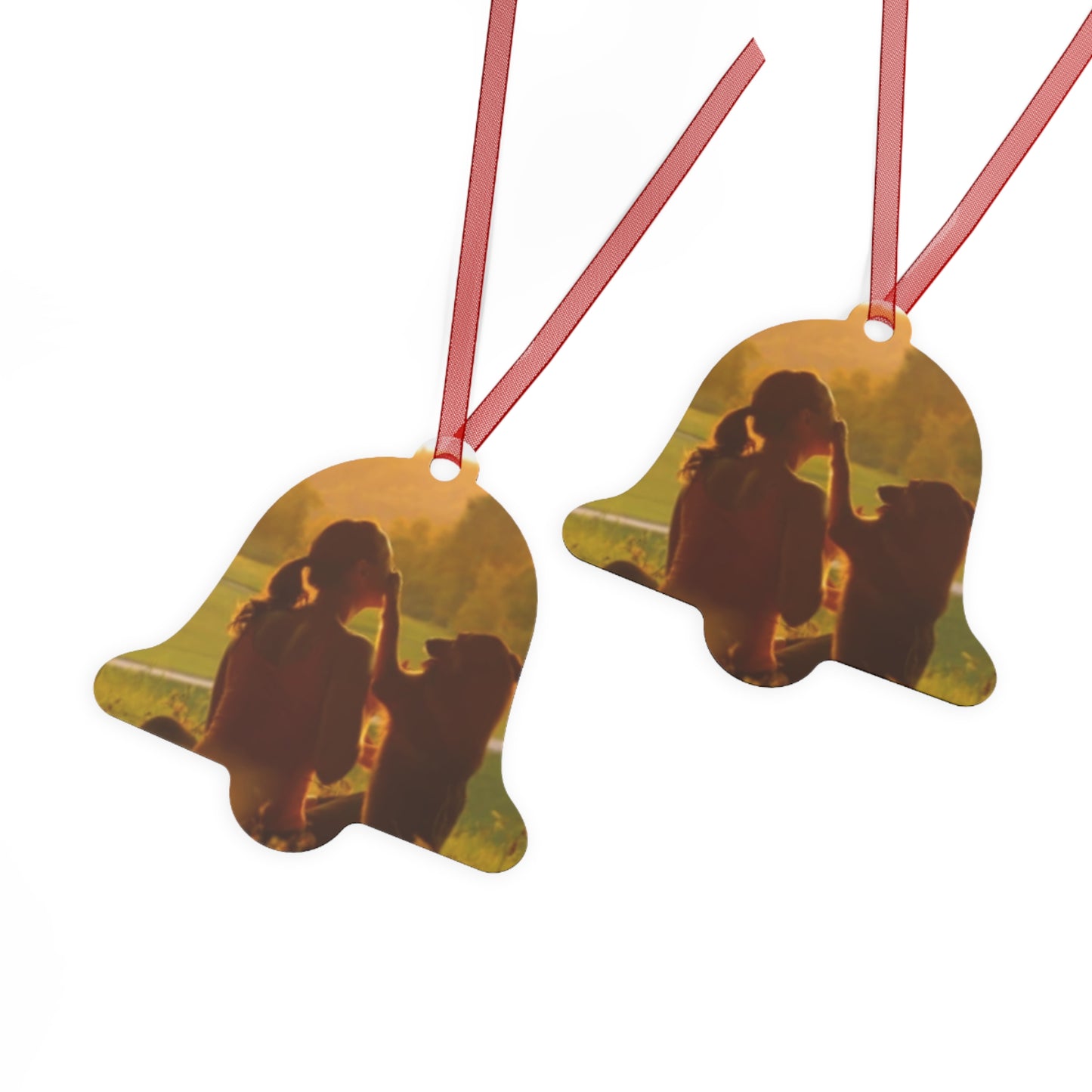 Pet Memory Metal Ornament — Silhouette Dog & Owner Sunset Keepsake