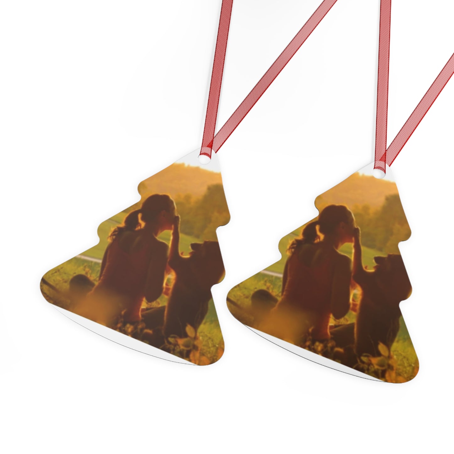 Pet Memory Metal Ornament — Silhouette Dog & Owner Sunset Keepsake