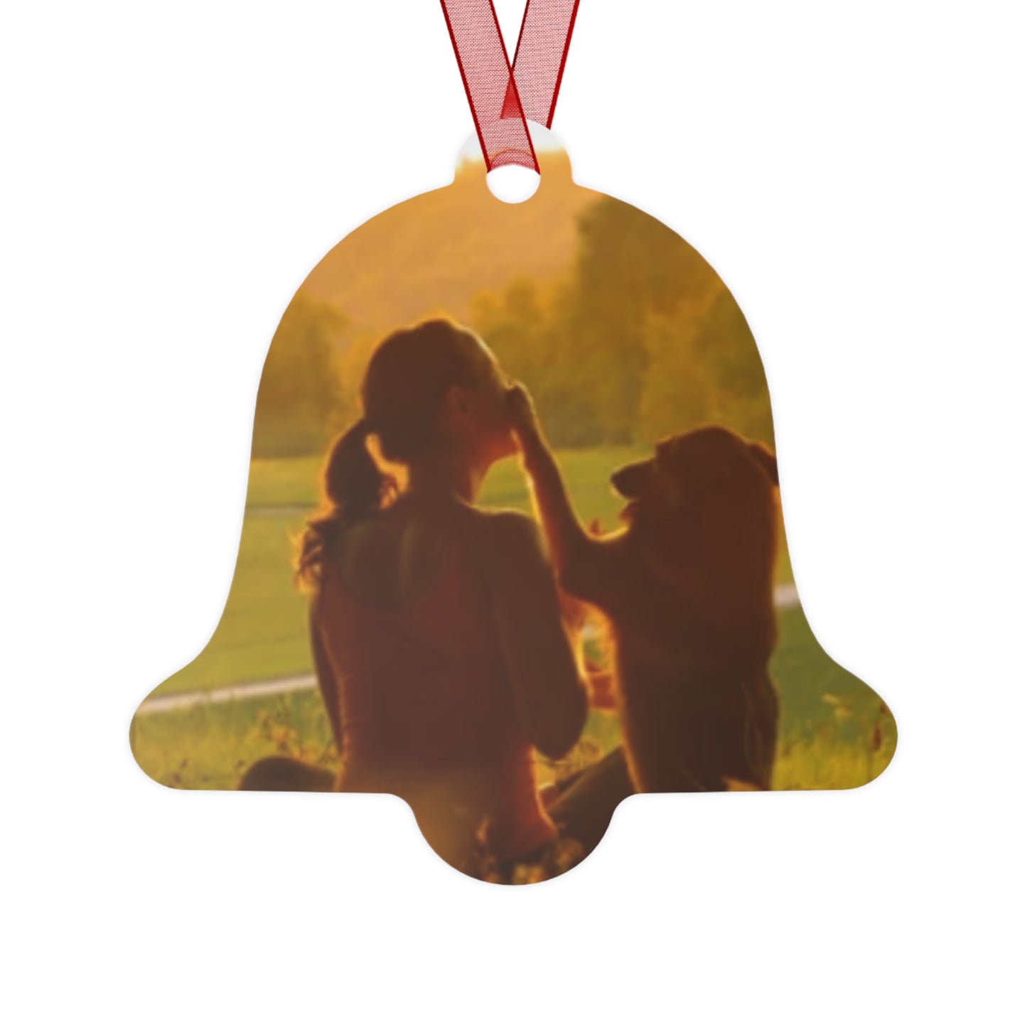 Pet Memory Metal Ornament — Silhouette Dog & Owner Sunset Keepsake