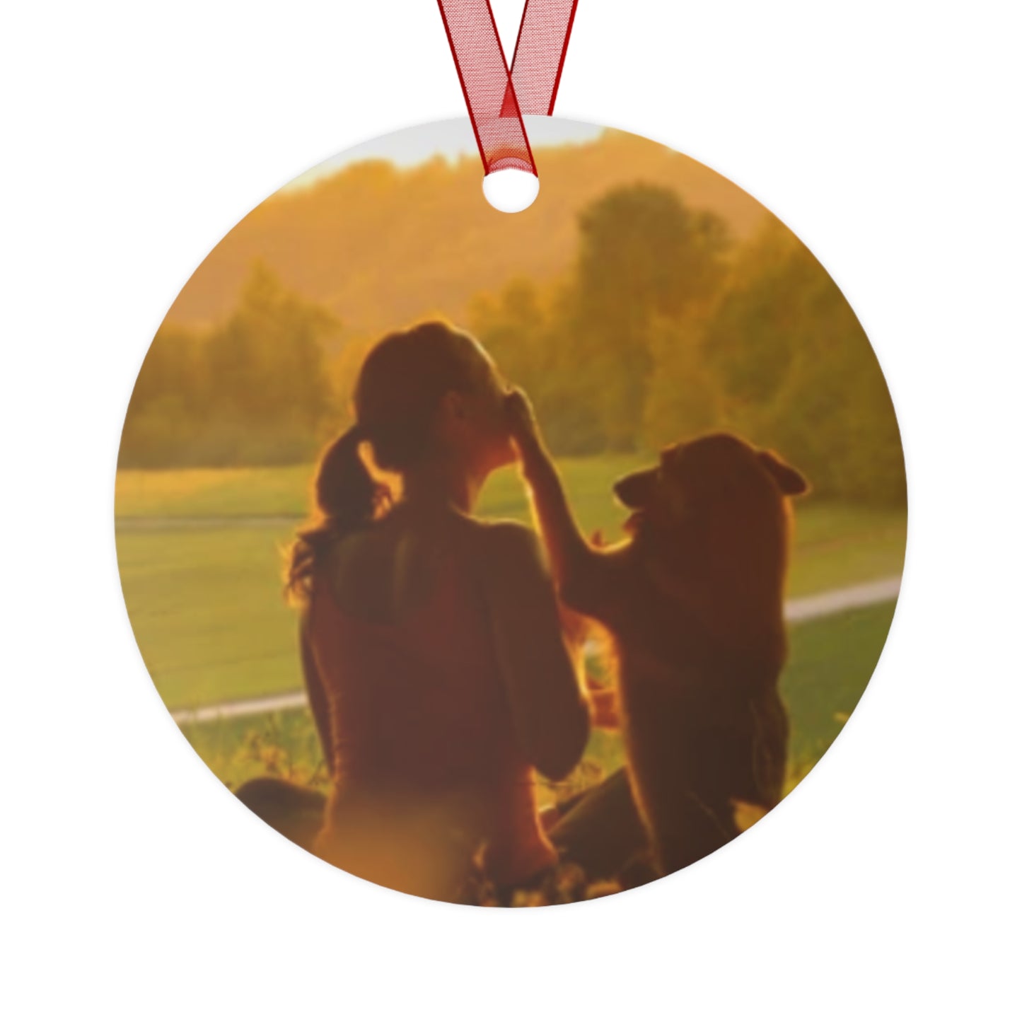 Pet Memory Metal Ornament — Silhouette Dog & Owner Sunset Keepsake
