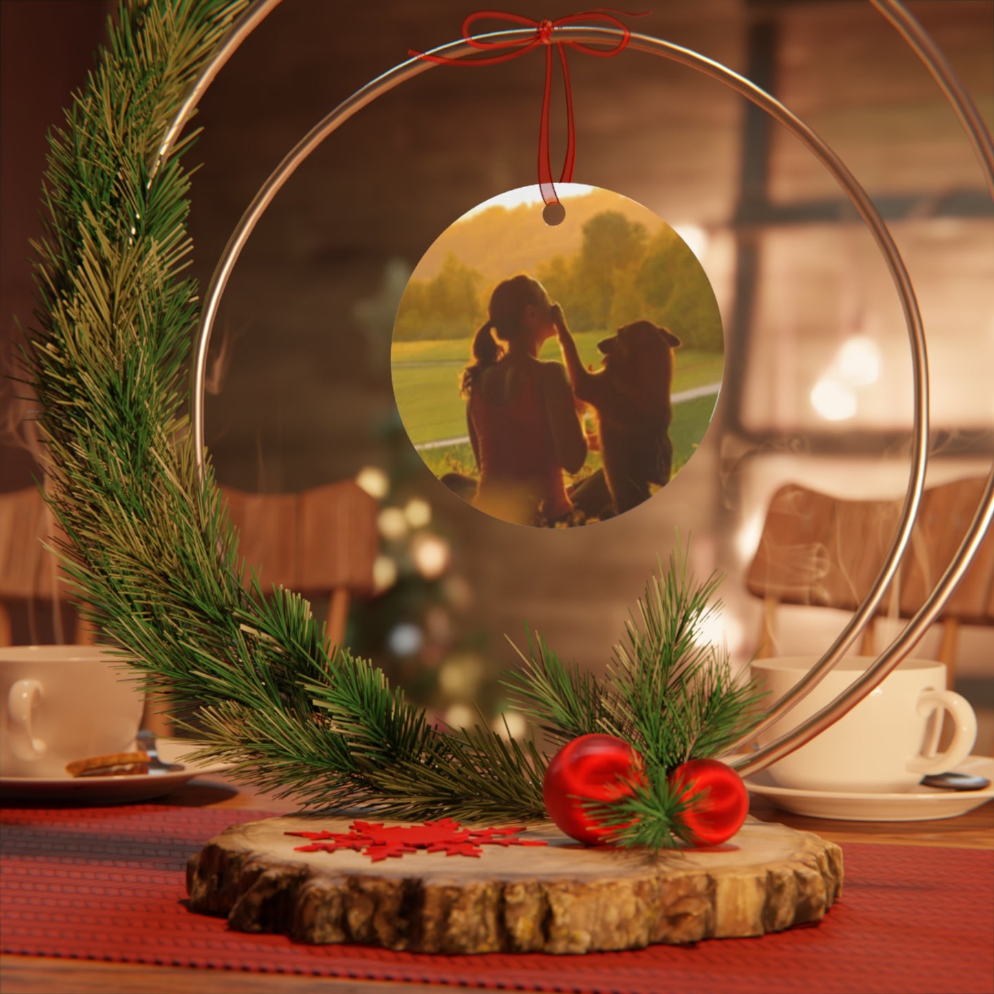 Pet Memory Metal Ornament — Silhouette Dog & Owner Sunset Keepsake