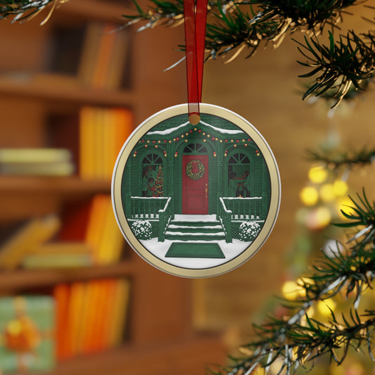 Christmas Front Porch Metal Ornament — Festive Red Door Wreath Holiday Decoration