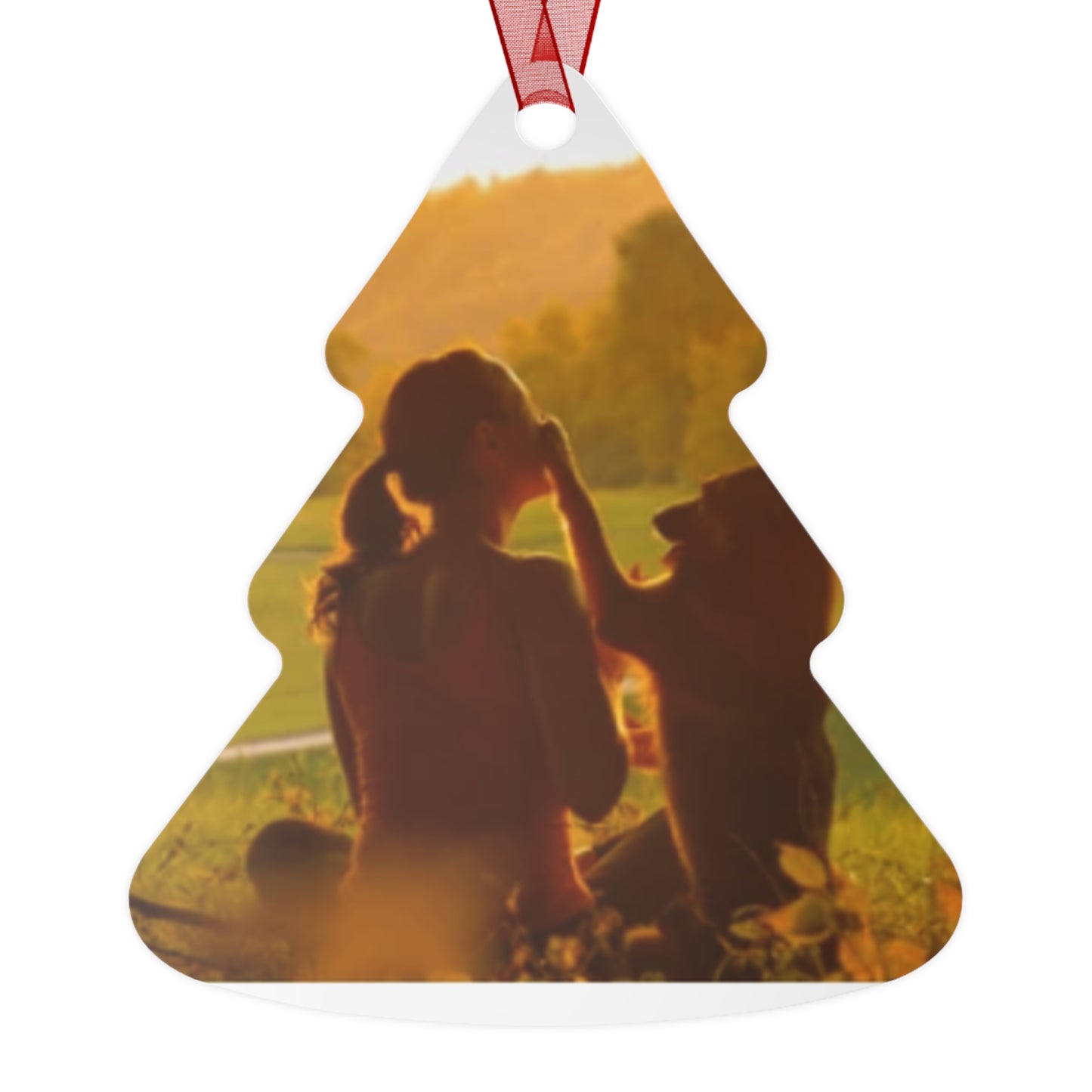 Pet Memory Metal Ornament — Silhouette Dog & Owner Sunset Keepsake